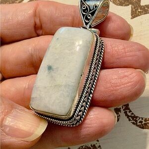 Beautiful 1.5 inch rainbow moonstone rectangular pendant, silver plated